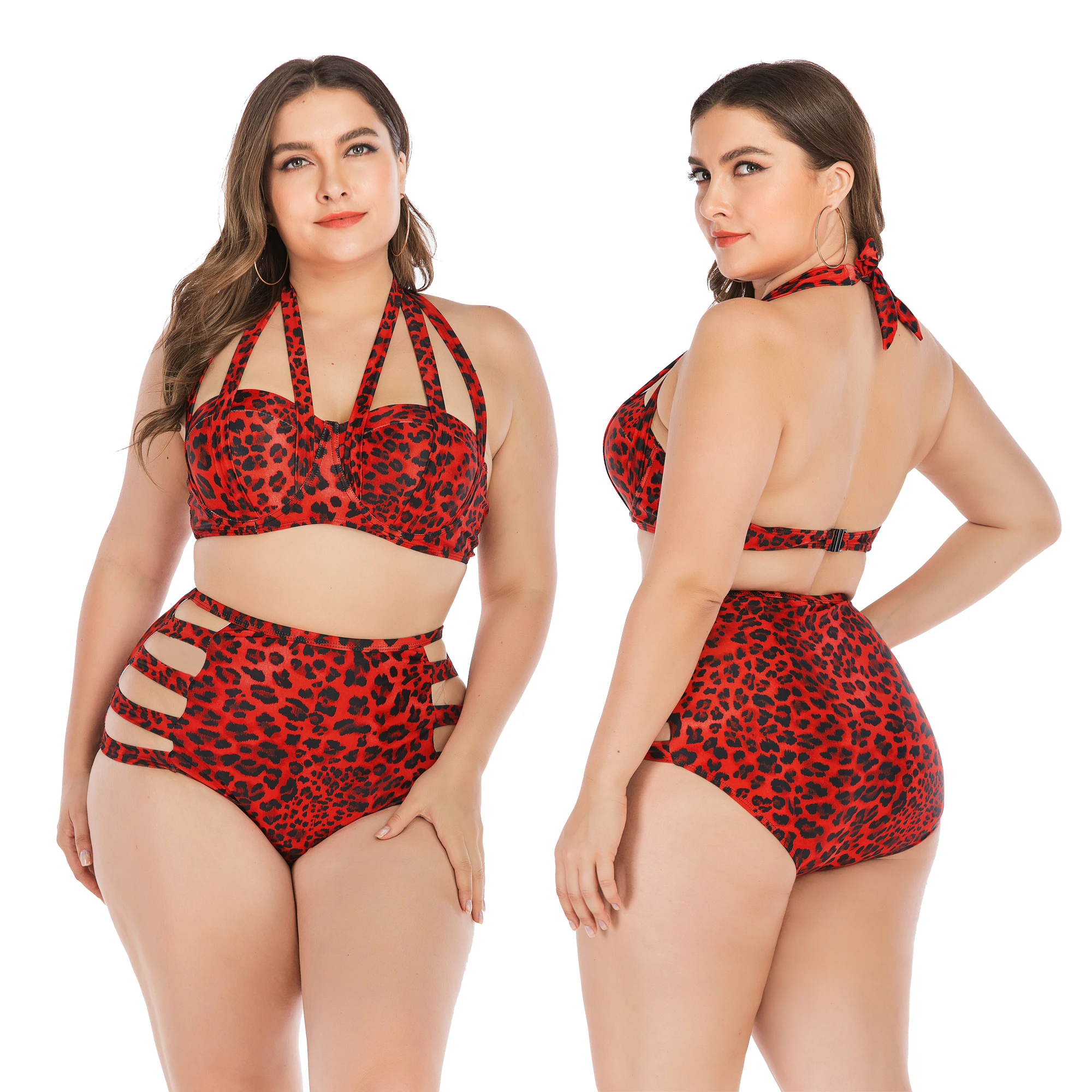 

Red leopard print sexy bandage bikini High Waist plus size women swimwear beachwear