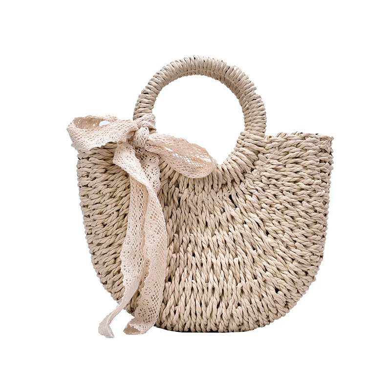 

Seaside Handbag Weaving Women's Bag Lace Bow Handmade Bag Vacation Grass Travel Beach Straw Bag For Girl