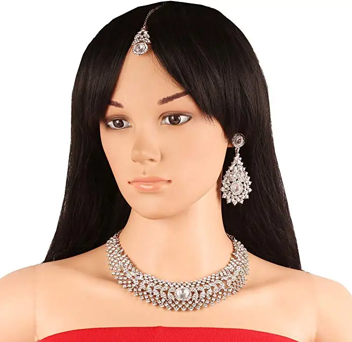 Glamour Scintillating White Round And Rivoli Shape Rhinestone Grand Bridal Designer Jewelry Hasli Necklace Set