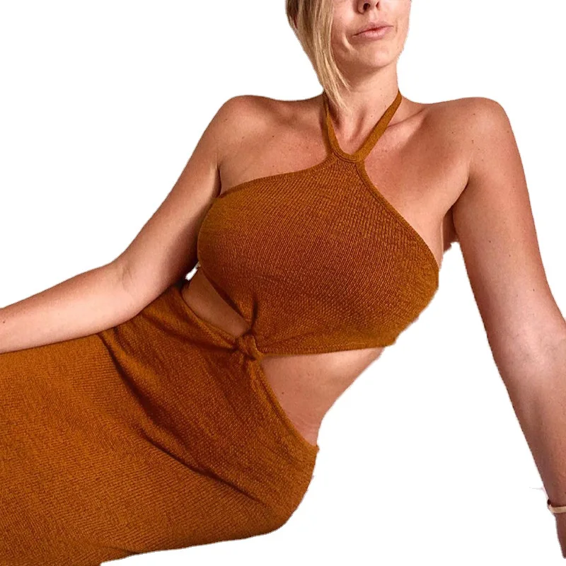 

Women Clothing Halter Knitted Backless Lace Up Hollow Out Summer Sexy Streetwear Vacation Casual Dresses, White, khaki, pink, brown, black