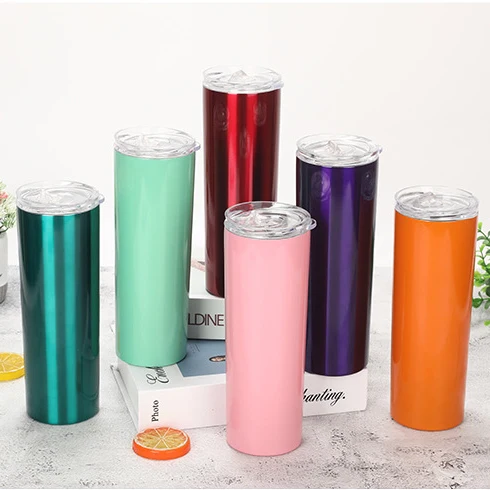 

wholesale stainless steel 20 oz skinny tumbler double wall insulated mugs water coffee cups tumbler with Lid and straw, Picture