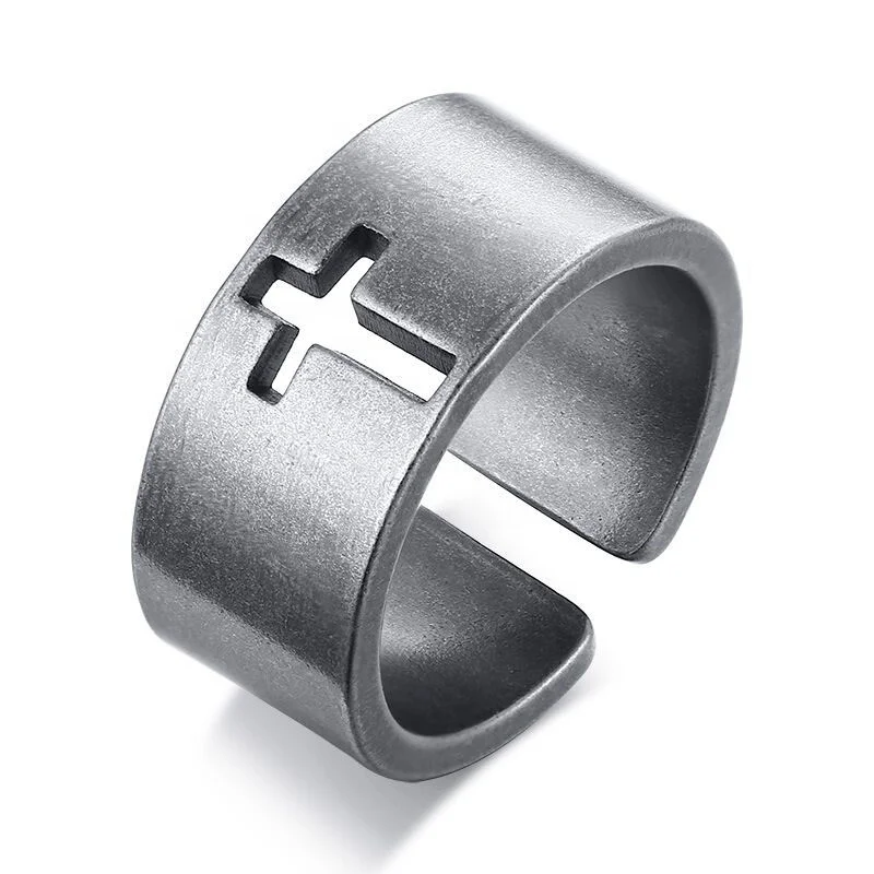 

New Product Factory Direct Sale Fashion Simple Jewelry Ring 316L Stainless Steel Hollow Out Cross Cuff Rings, Silver