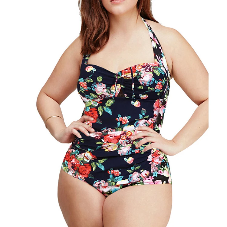 

Explosive plus size fat sister gathered one-piece swimsuit fashion flower print halterneck sexy swimsuit, Pink ,black