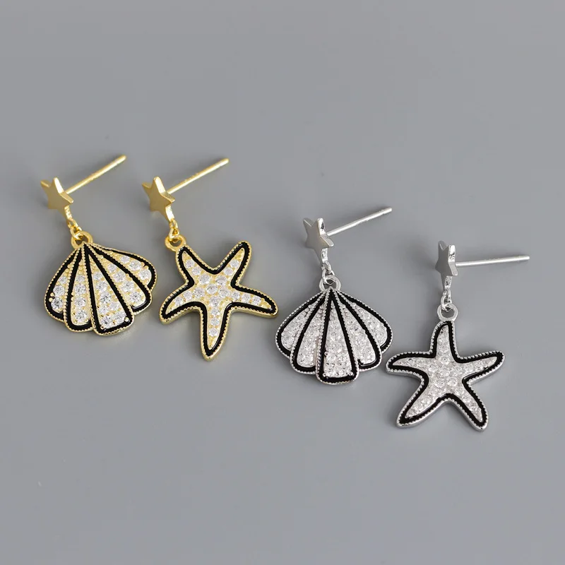 

Luxury Bling Micro Paved Crystal Shell Star Earrings Ins Sterling Silver S925 Rhinestone Seashell Starfish Stud Earrings, Gold silver