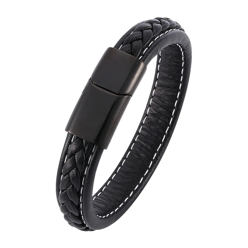 

12MM Wide Punk Mens Heavy Genuine Leather Seam Braided Bracelets Bangle Magnetic Buckle: Pure Black