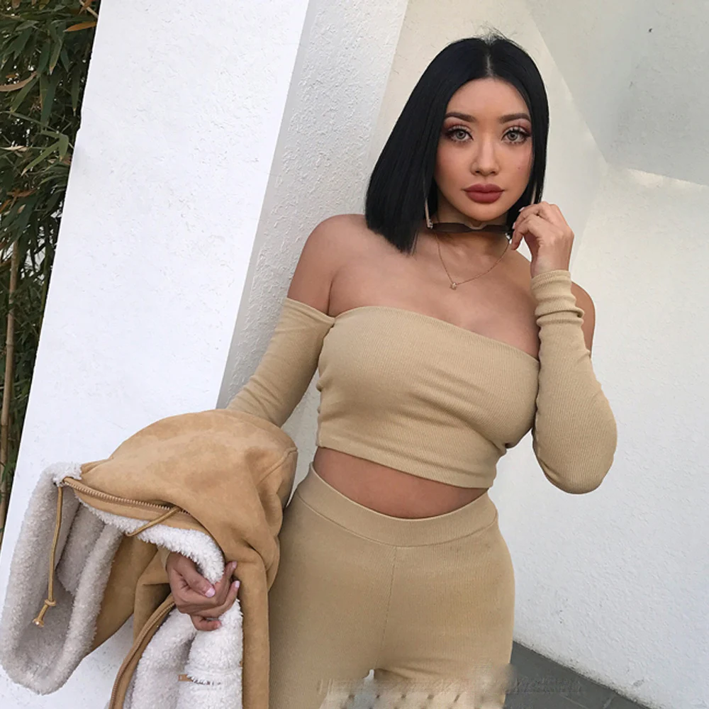 8281 Women sets Two pieces of couture women's wear long sleeve casual long sleeve T-shirt crop top high waist trousers