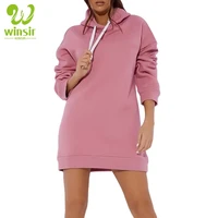 

Wholesales Women's Pink Thick Heavy Weight Long Sleeve Hooded Pockets Pullover Hoodie Dress Tunic Sports Workout Wear Sweatshirt