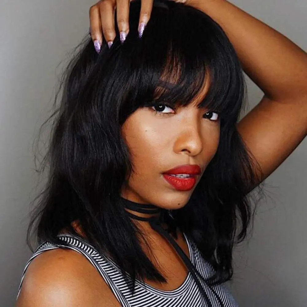 

Brazilian Hair Bob Wig Human Hair Lace Front With Bang,100% Natural Black Afro Short 613 Bob Wig With Bangs