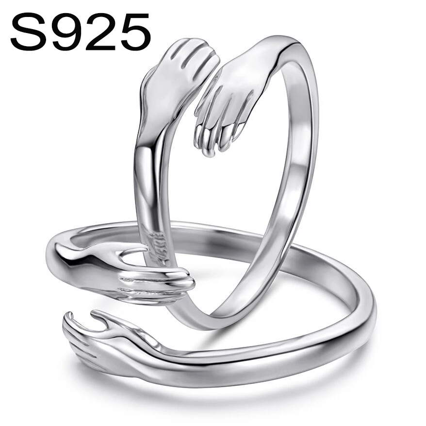 

Custom Adjustable Open S925 Sterling Silver Love Hug Rings For Couple 925 Hand Ring Women Men Wedding