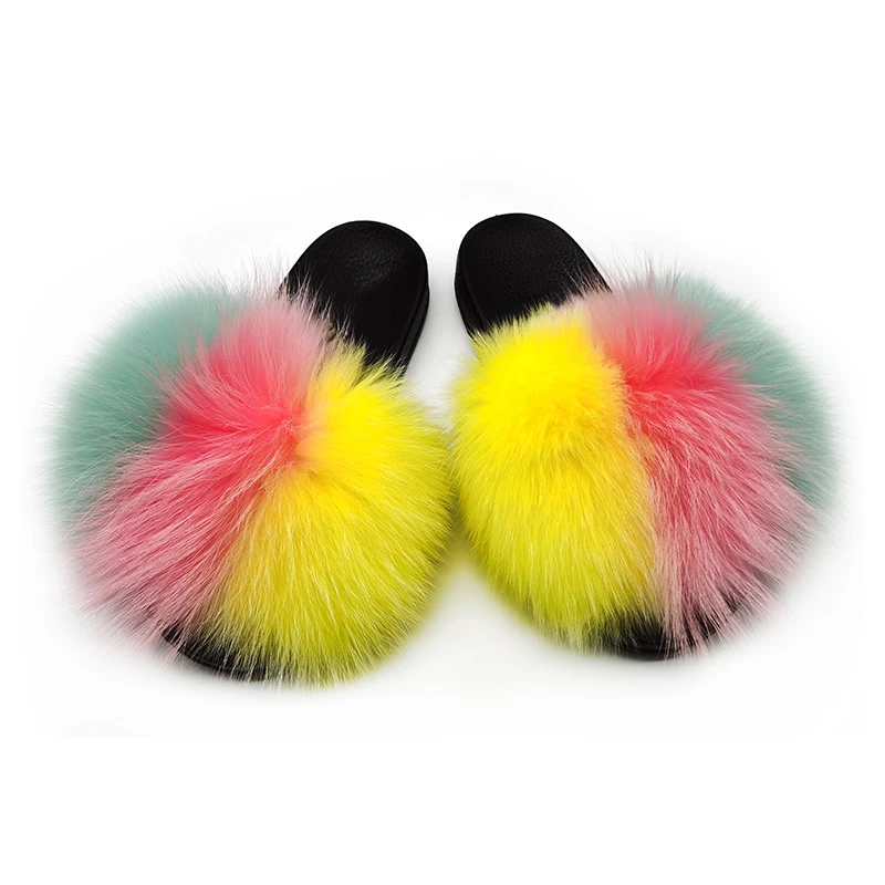 

Wholesale soft pvc sole customize logo raccoon fur slides women big fur multi colors 100% real fox fur sandals, Customized color