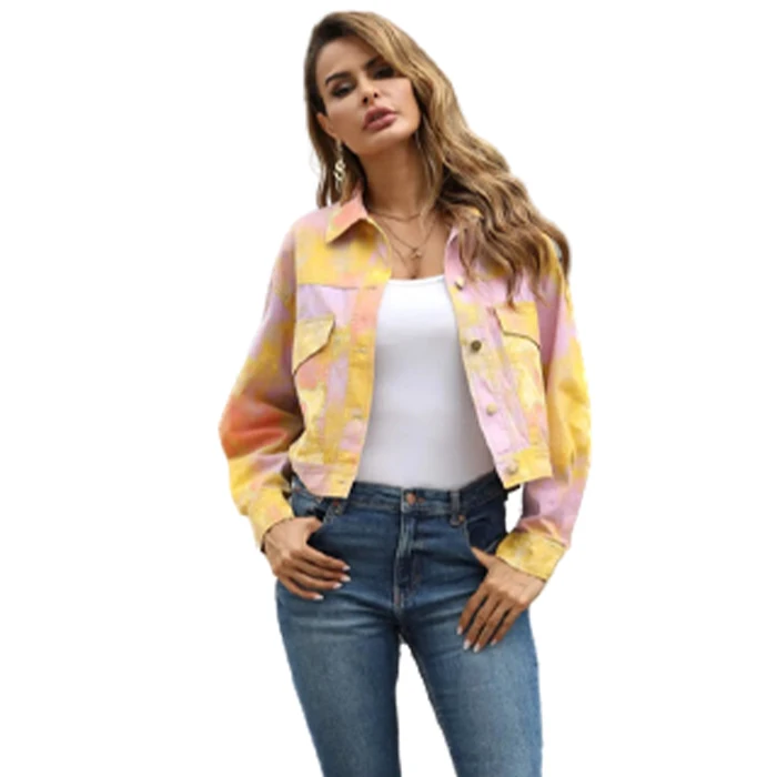 

Women Stylish distressed color block cloud rainbow tie dye Button Front collared flap crop short jean denim trucker jacket, 1 color