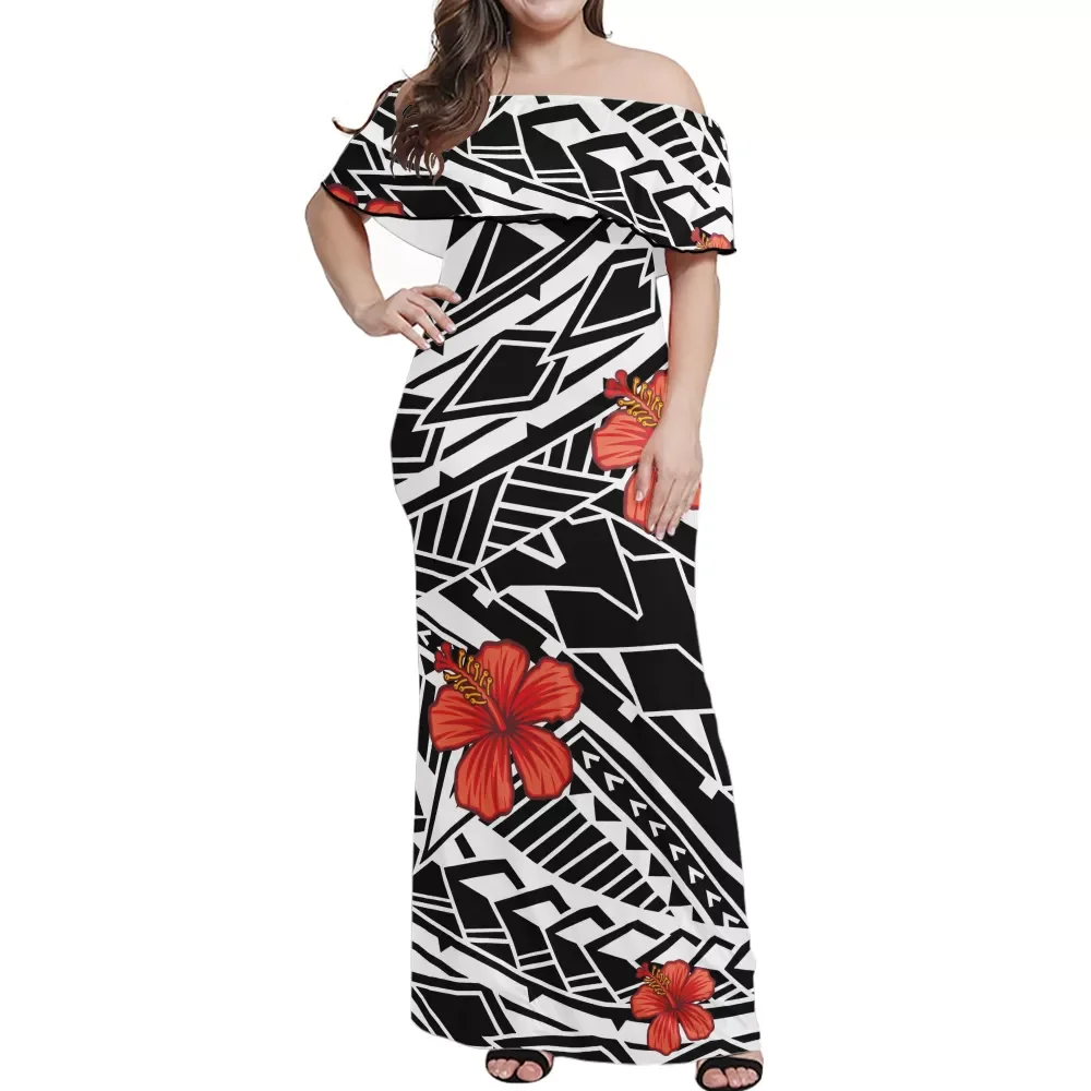 

New Arrivals Custom Women Dress 2021 Fashion Ruffle Off Shoulder Long Dress Summer Lady Plus Size Dress Polynesian Tribal Style, Customized color
