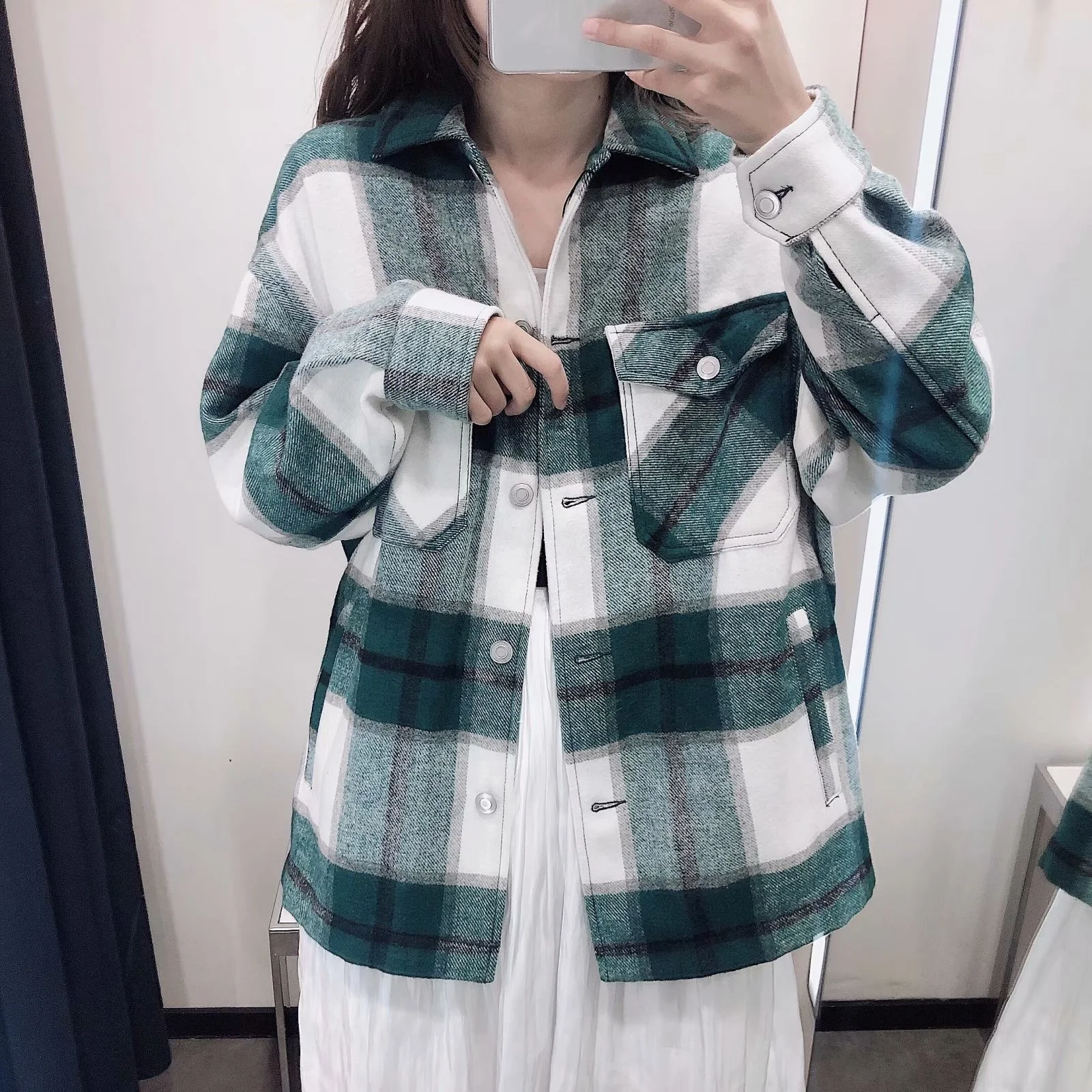 

European and American style lapel long sleeve cardigan Breasted breast pocket loose check shirt jacket women's