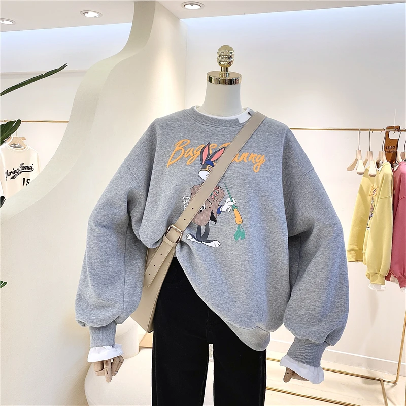 

Autumn leisure loose plus size cartoon print round neck ladies long-sleeved sweater hoodie, Picture showed