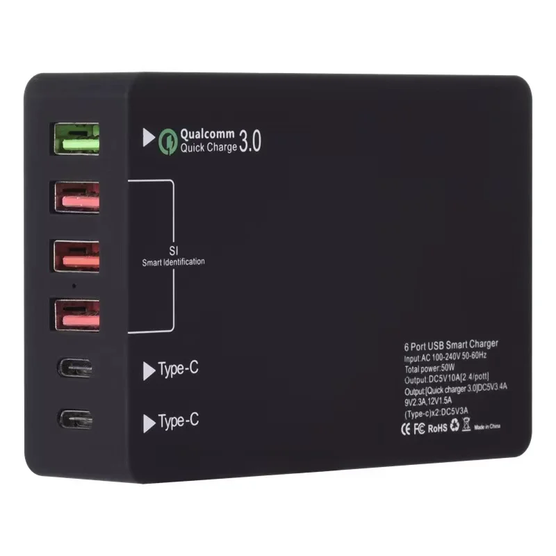 

QC 3.0 Fast multi port usb charger smart identification 6 ports 60W 5V /2A 3.1a USB USB-C Charger Station for phone Charging, Black