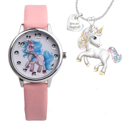 

4424 Lucky Unicorn Watch Cartoon Rainbow Animal Leather Quartz Watch Christmas Gift, 5 color as photo
