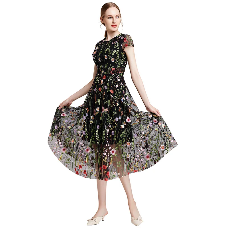 

D009 Summer Fall High Quality Fashion Elegant Embroidered Mesh Lace Long Women Evening Casual Dress