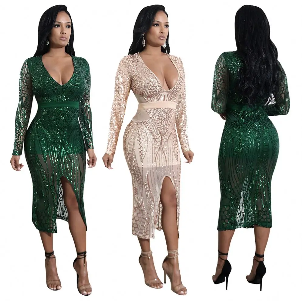 

2021 sequined night party wear deep v neck sexy bodycon womens club dresses, Black, apricot, dark green