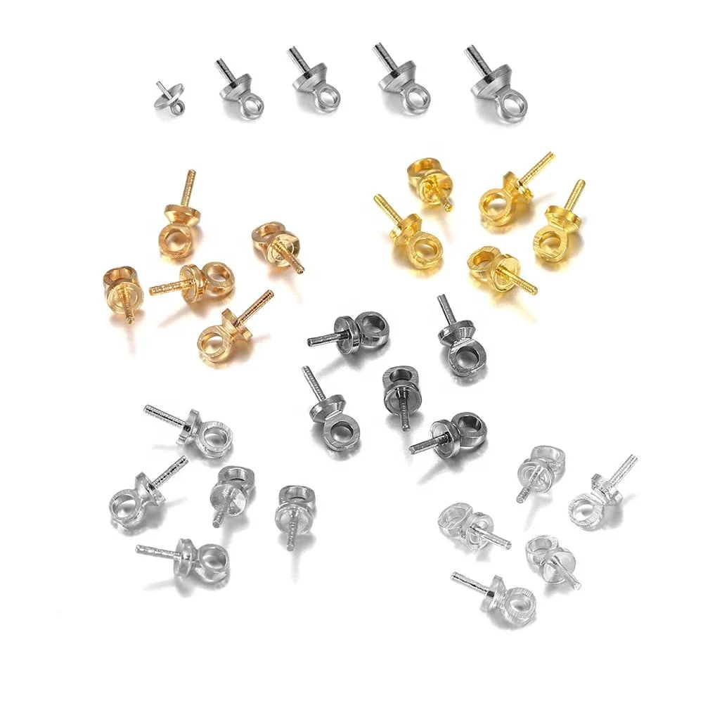 

100pcs Brass Half hole Charms Pins Pendant Screw Eye Pin Bail For Charms Pearl Pendant Connector Top Drilled Jewelry Accessories, Silver/gold/antique bronze/kc gold