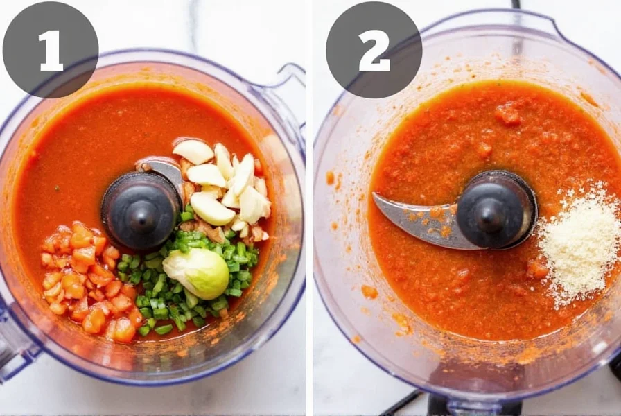 Step-by-step preparation of homemade chili garlic sauce showing ingredients in food processor