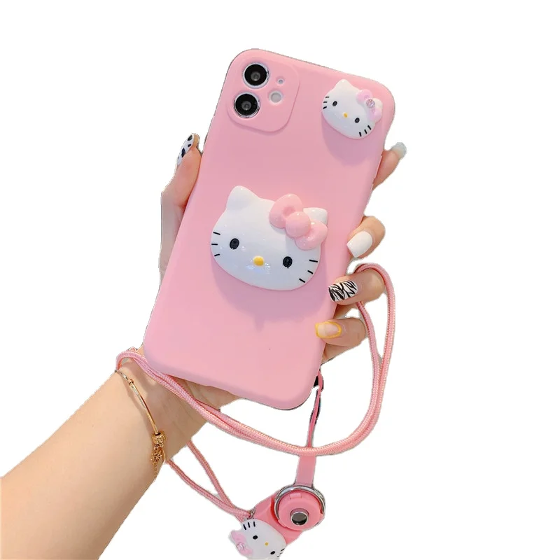 

Hot 3D cartoon Hello kitty pink girly soft cover rope mobile phone cases for Huawei Y9 Y7 pro Nova7i 5T Y8P P30pro 9X lite