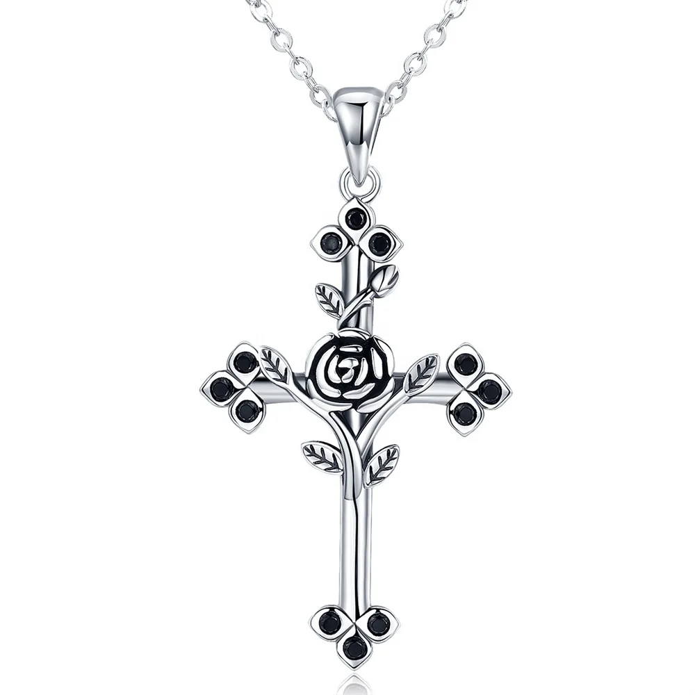 

Girls hip hop cross necklace Small 925 sterling silver cross necklace Fashionable crucifix with rose pendant necklace