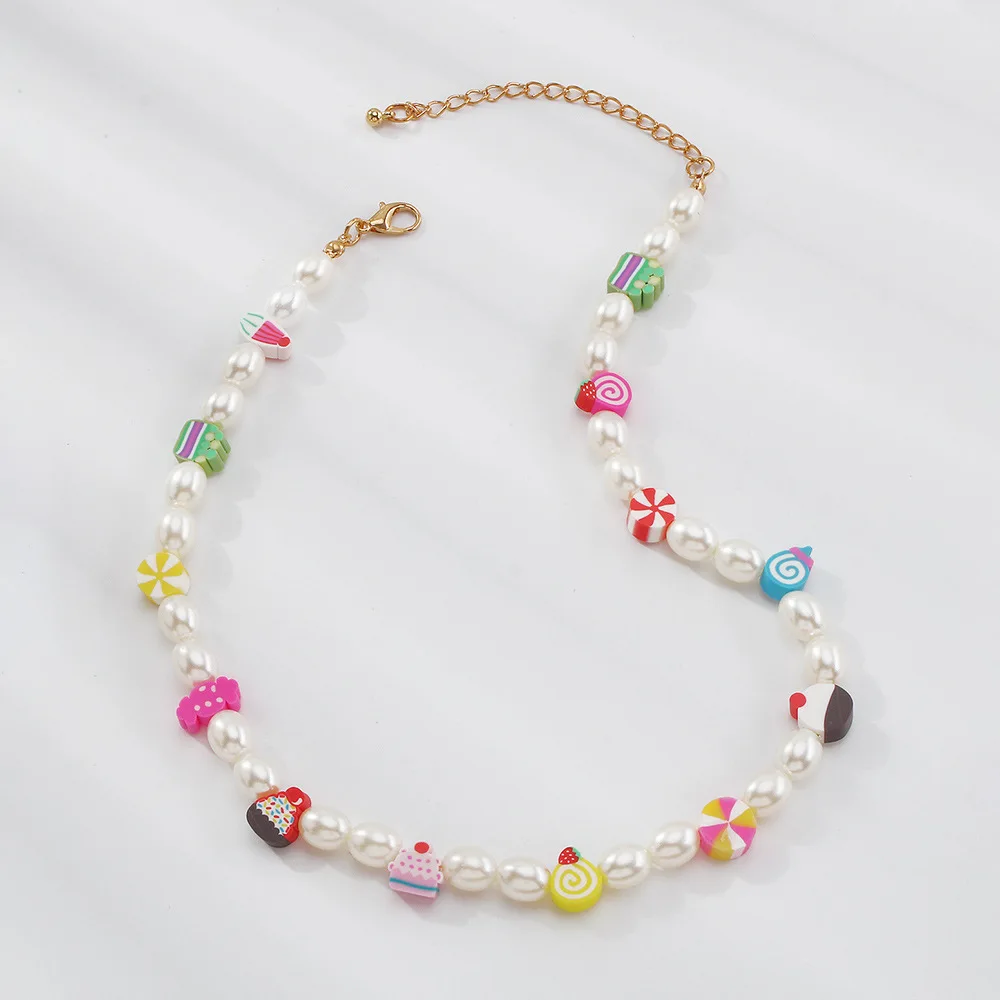 

Sweet Y2K Colorful Dessert Soft Pottery Exquisite Pearl Chain Handmade Necklace For Beach Beaded Choker Necklace, Picture shows