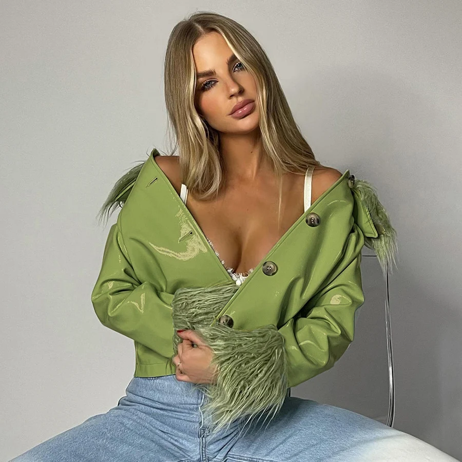 

K21C06971 2021 Fall Fashion Pu Faux Leather Long Sleeve Top Casual Coat Street Buttons Wool Collar Women Jacket