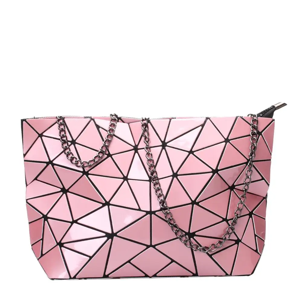 

Popular design OEM pu leather reusable foldable chain shoulder shopping geometric luminous handbag, Black,pink,rose red,ocean blue,silver,white