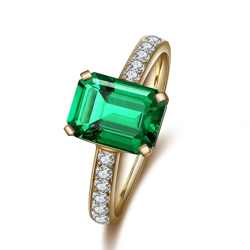 

9K 18K gold diamond couple wedding rings with 2.26ct lab grown emerald, Closed to colombian muzo green