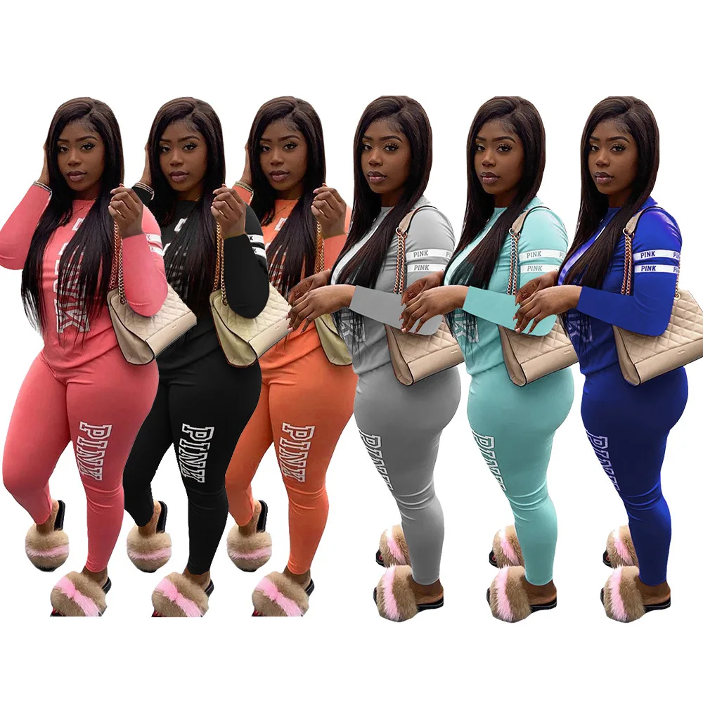 

FLS-0071 Ladies 2 piece set fashion sports long sleeve trousers letter printing two piece PINK print set women