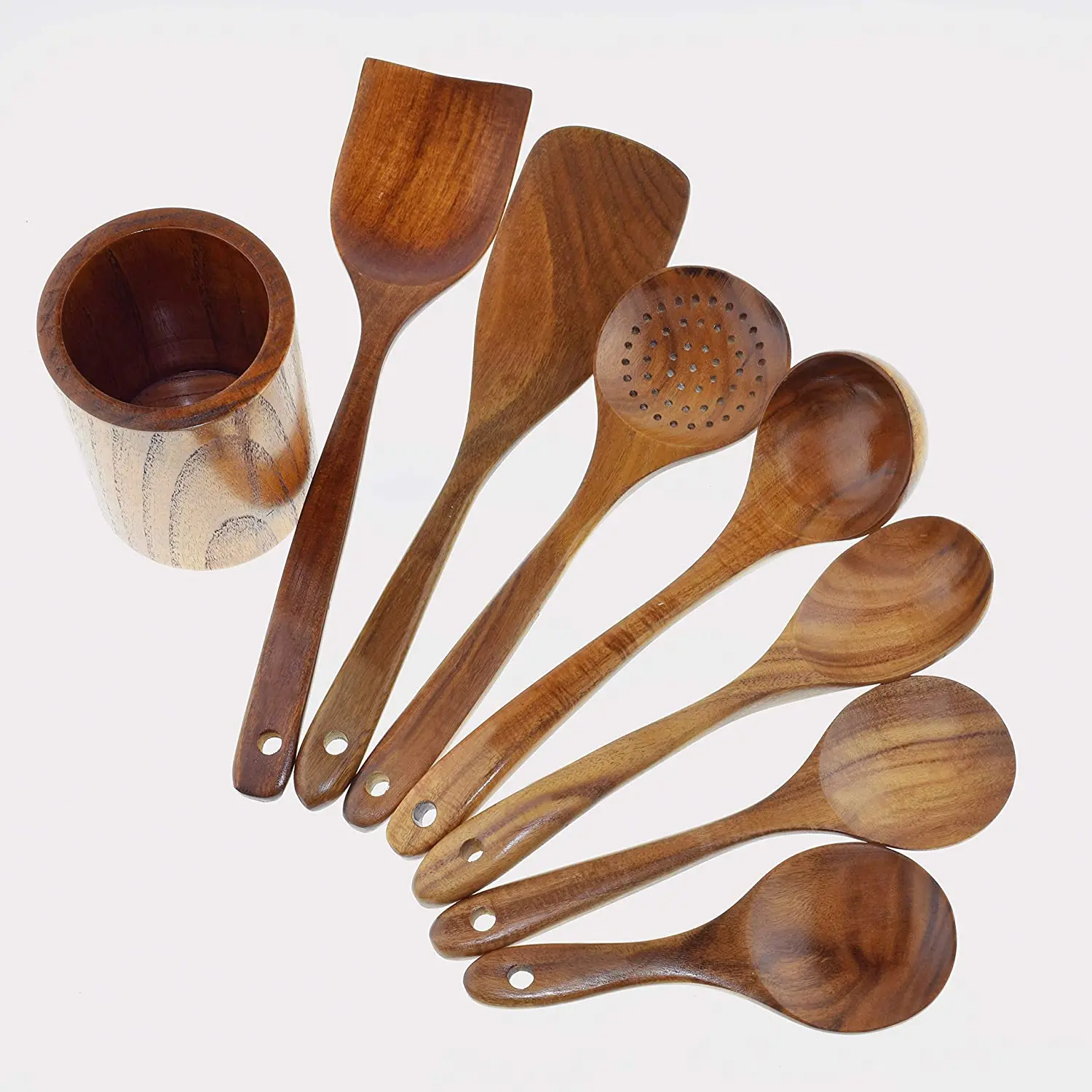 

Custom Home Baking 8 Pcs Non Stick Spoon Stirring Spatula Accessories Wooden Cooking Tool Kitchen Utensil Set with Holder, Natural