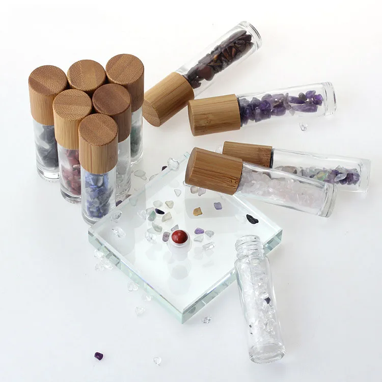 

Stock available bamboo lid clear 10ml glass gemstone roller roll on bottle for essential oil