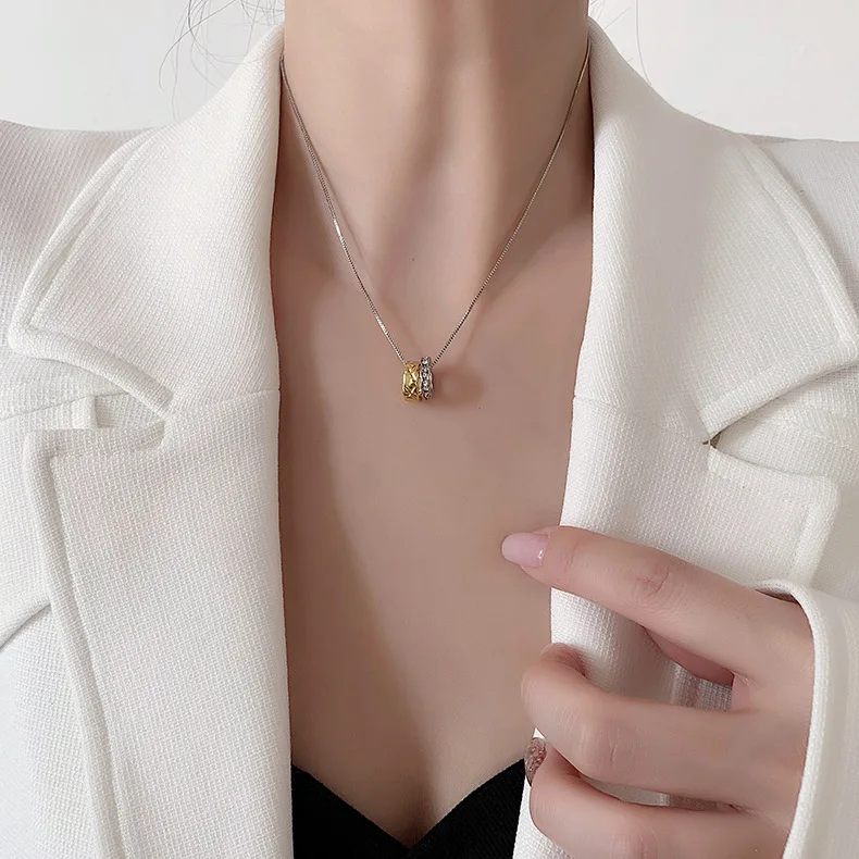 

JUHU Retro Geometric Two-color Diamond Necklace Korean Commuter Temperament Chain Necklace Metal Rhinestone Ring Necklace, A gold, b silver