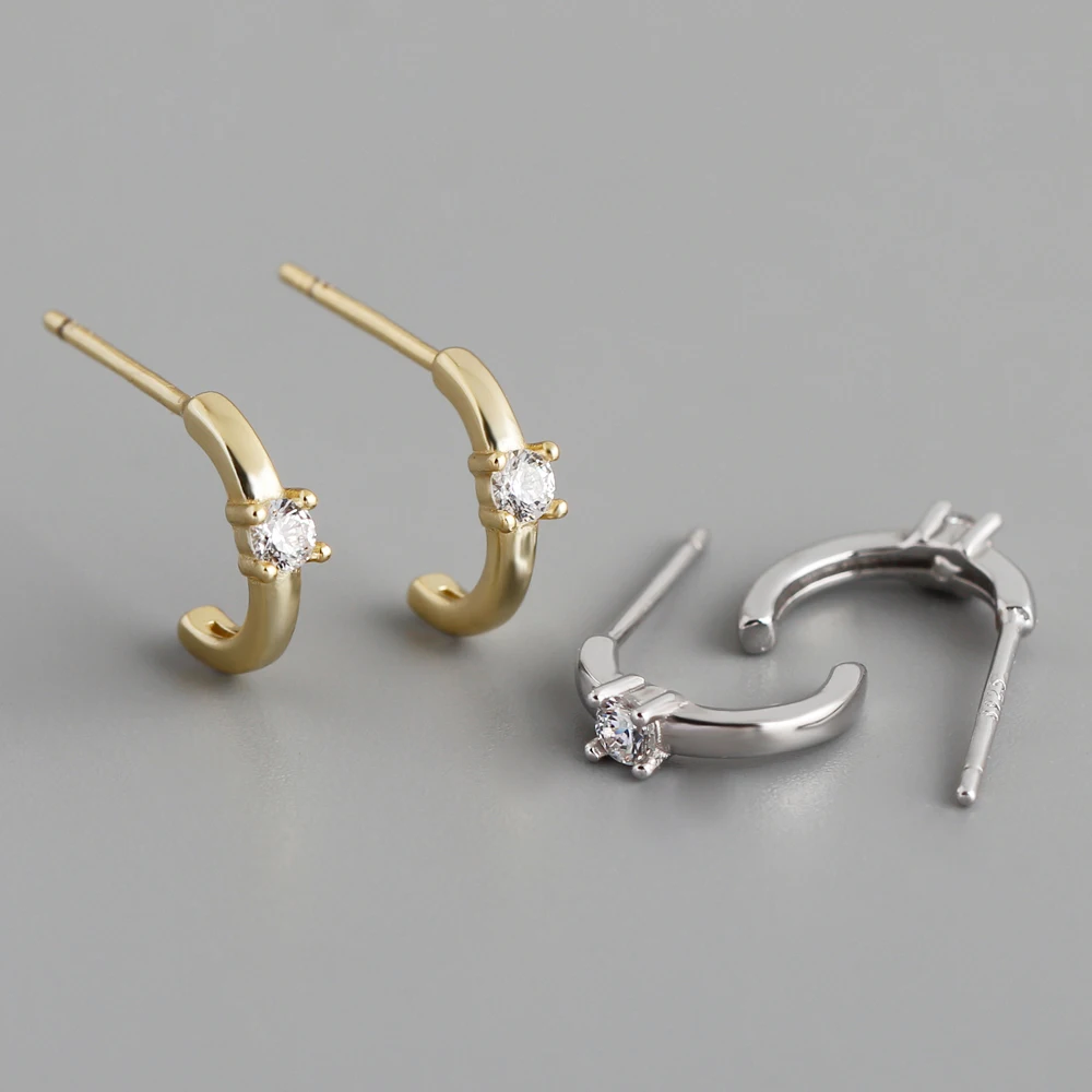 NEW 925 Sterling Silver Fashion Jewelry Earrings Circle C Shape Simplicity Zircon 18K Gold Plated Stud Hoop Earrings Women