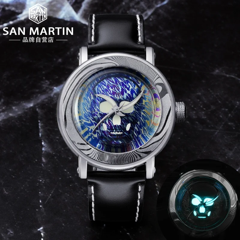 

Rts stock free ship san martin Dome sapphire glass Damascus Steel Luminous sw200 mechanical automatic Skeleton watch for sale