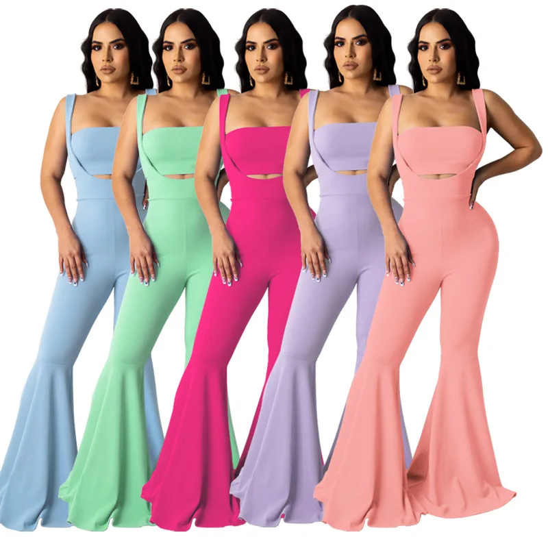 

Summer Casual Sleeveless Bell Bottom Pants Bodycon Two Pieces Sets 2 Piece Women Set, 5 colors