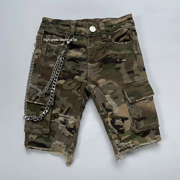 

YSJ Factory Products Denim Camo Fabric Big Size Boys Shorts With Chains Colorful Paints Boy Shorts For 1-14 Years Old, Picture