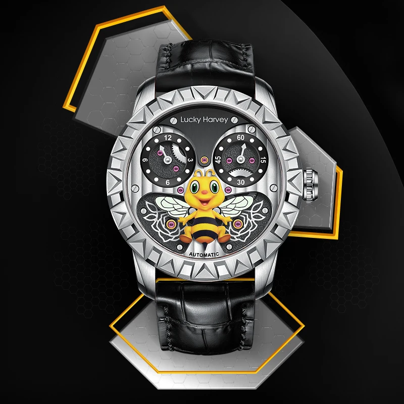 

Lucky Harvey Luxury Japanese Movement Wristwatches 43mm Dial Luminous Automatic Bees Mechanical Wrist Watch