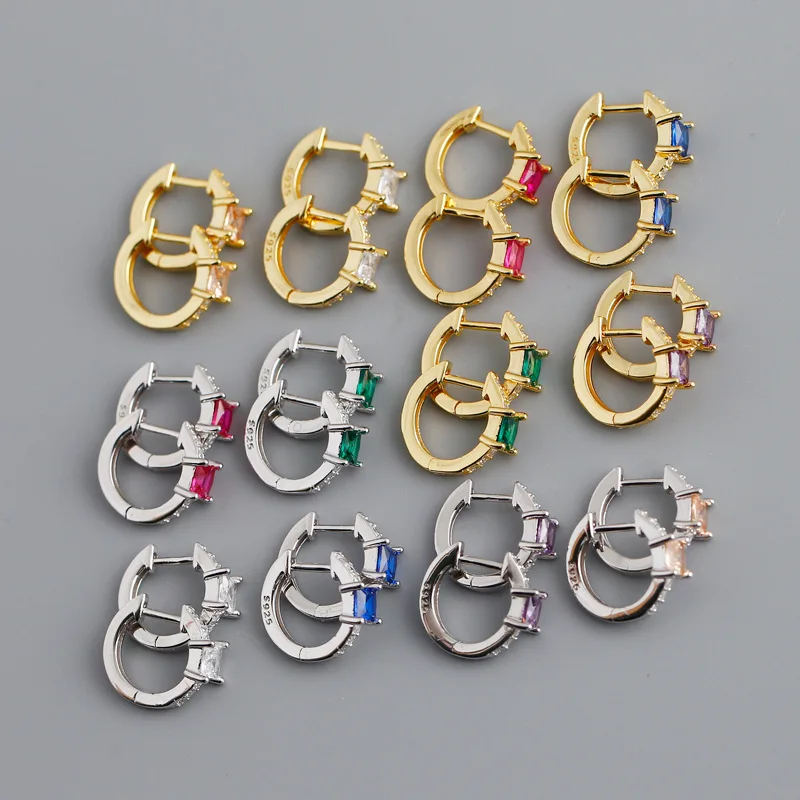 

S925 Sterling Piercing Earrings Jewelry Colorful Big Zircon Hoop Earring Rainbow Big Square Zircon Circle Earrings