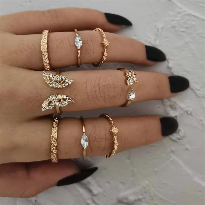 

8 Pcs/Set Women Rings Set Bohemian Hollow Butterfly Leaf Star Crystal Gold Open Ring Lady Sweet Party Jewelry Accessories, Silver,gold,rose gold