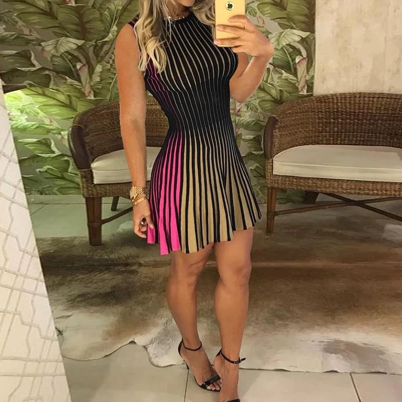 

LZ2638 Sleeveless Multicolored Stripes Mini Dress for women