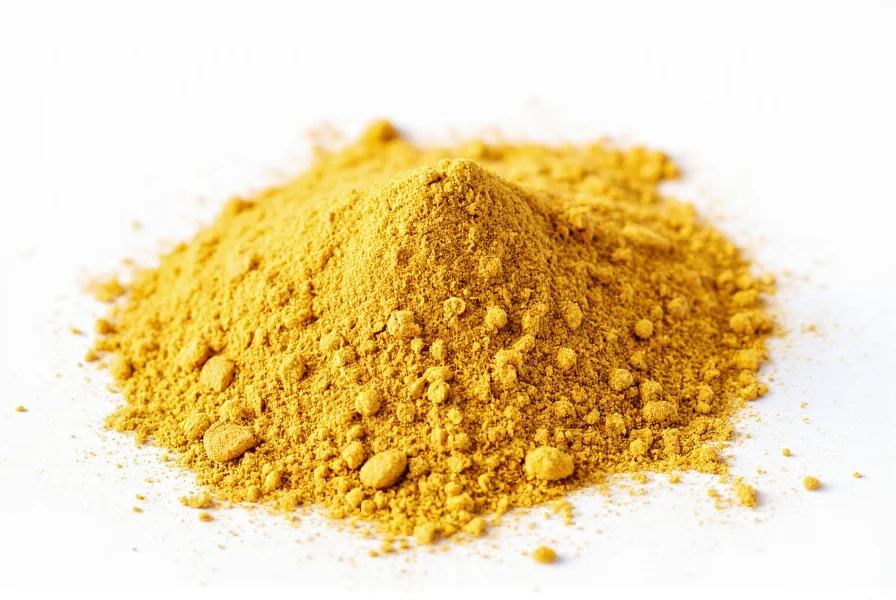 Close-up view of ginger powder showing fine texture and warm golden color on white background