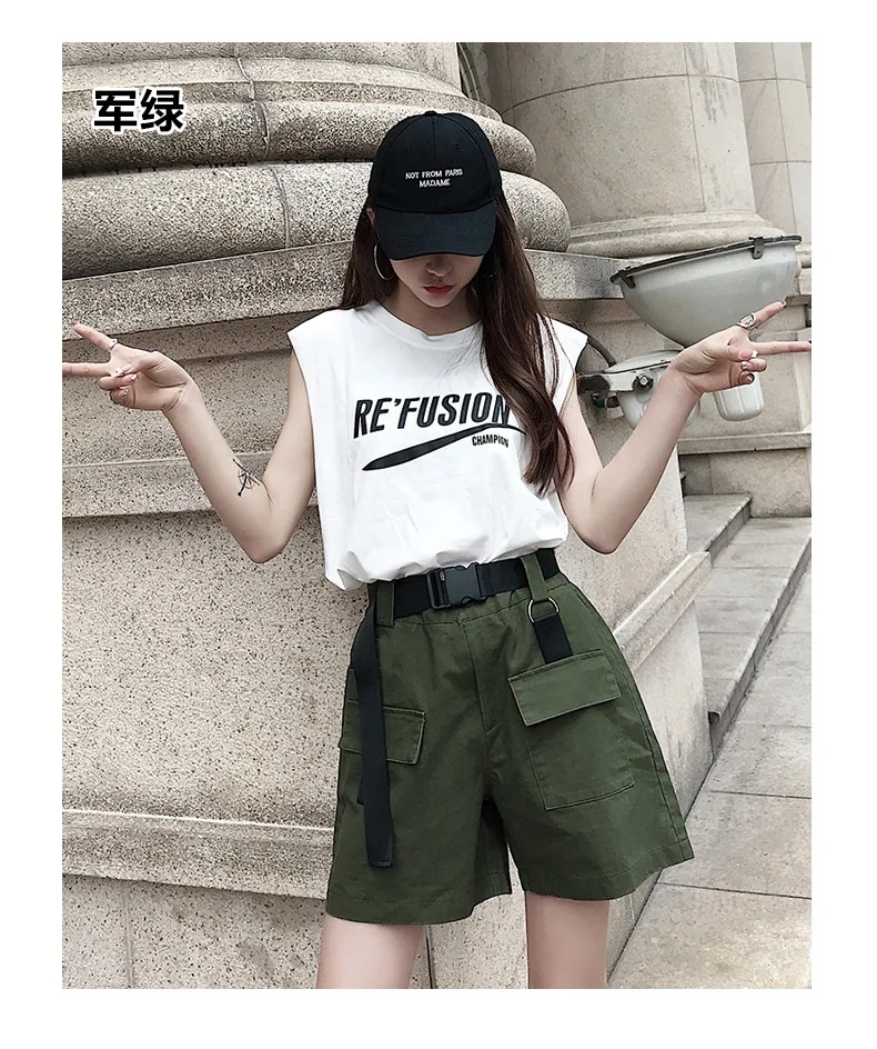

Summer new big pockets overalls shorts Women's Korean unisex wide-leg shorts