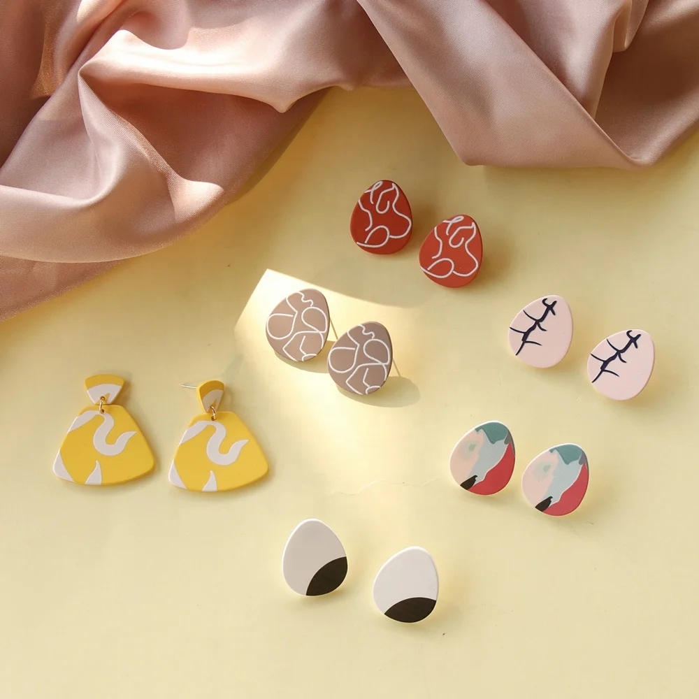 

JUHU New Original Clay Oval Print Earrings Vintage Geometric Acrylic Stud Earrings For Women Fashionable 2020 Gift Party Jewelry, Colorful