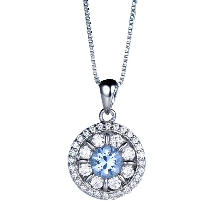 Fine Jewelry 925 Sterling Silver Eye Circle Necklace Nano Sky Blue Zircon Topaz Pendant Box Chain Necklace for Girl Women