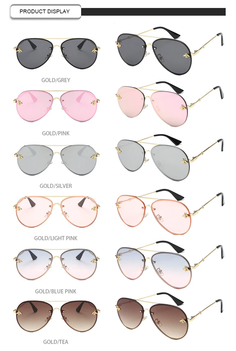 Lentes De Sol Classic Gold Bee Lens Metal Frame Glasses Women Pilot Sunglasses
