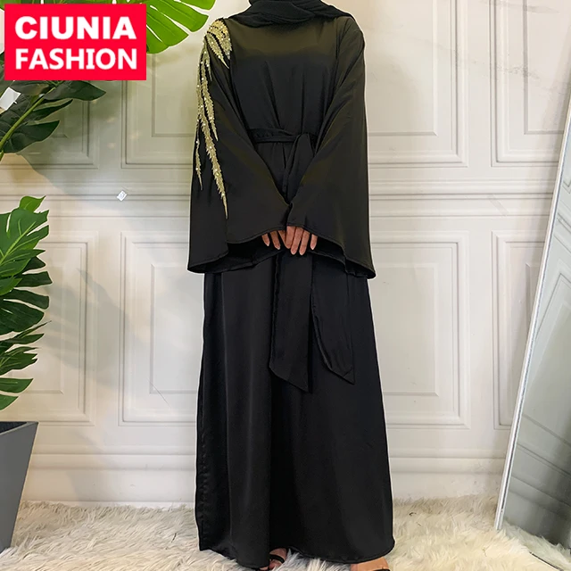 

6479# Satin Women Fashion Dubai Arabic Turkish Abaya Muslim Dress Long Sleeve Kaftan Dresses EID, Purple/pink/orange/ gold/mint/ black