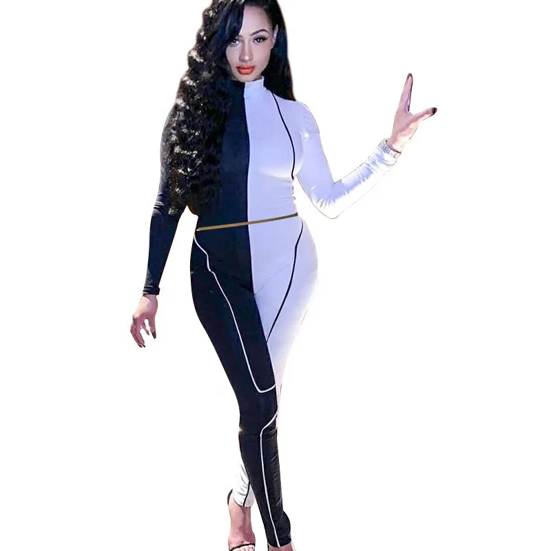 

2021NEW design Fashion Sexy Two Piece Slim Fit Elastic Patchwork Tracksuits Turtleneck Long Sleeve Sportswear