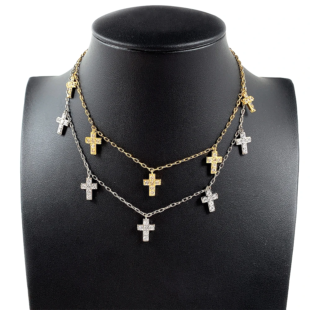 

gold silver mini cross chain choker layered cross necklace